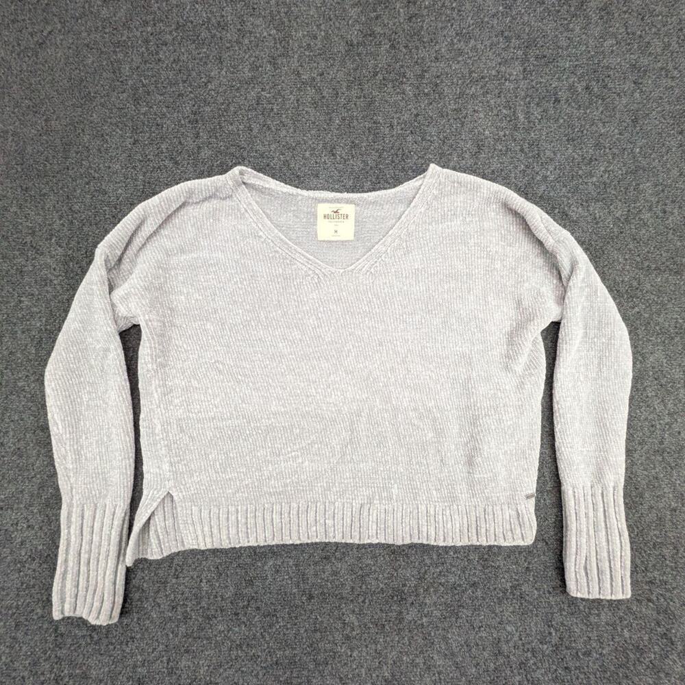 Hollister Sweater Womens M Light Grey Cropped V Neck Long Sleeve Knit Pullover